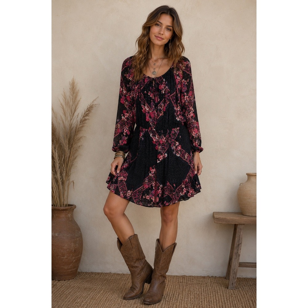 Lovestitch Dress Womens Large Black Pink Floral Boho Hippie Prairie Festival